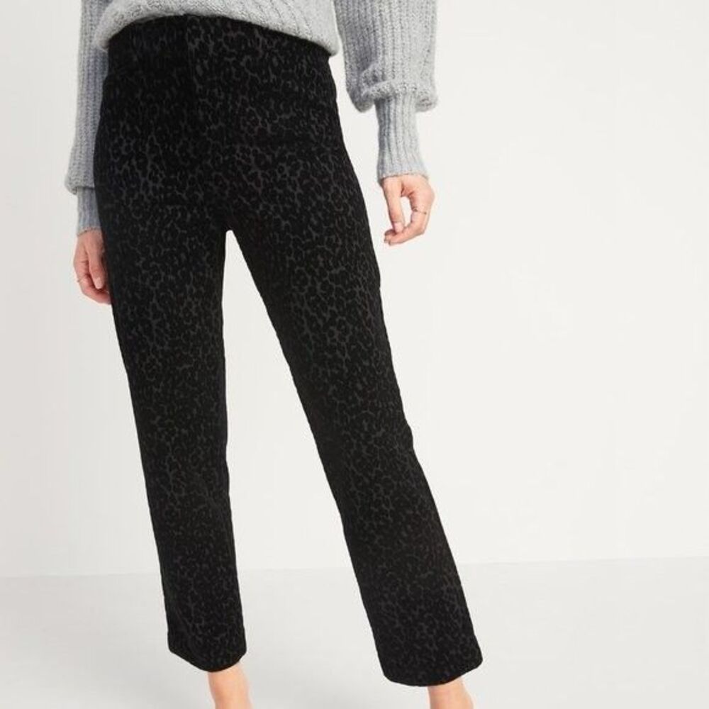 Old Navy Pixie Flocked Velvet Leopard-Print Straight Leg Pants Women 2 Black NEW